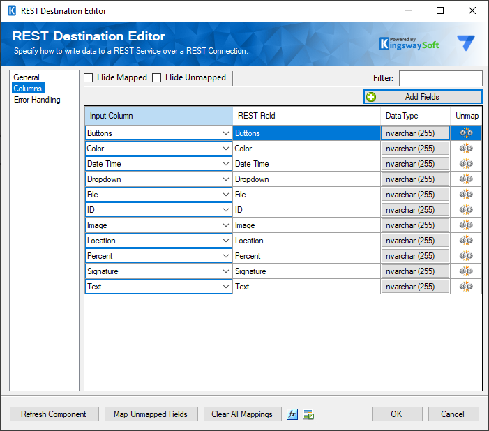 SSIS Google AppSheet Destination Component - Columns
